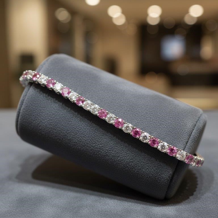 GRA Moissanite White 925 Sterling Silver Tennis Bracelet-Pink & White