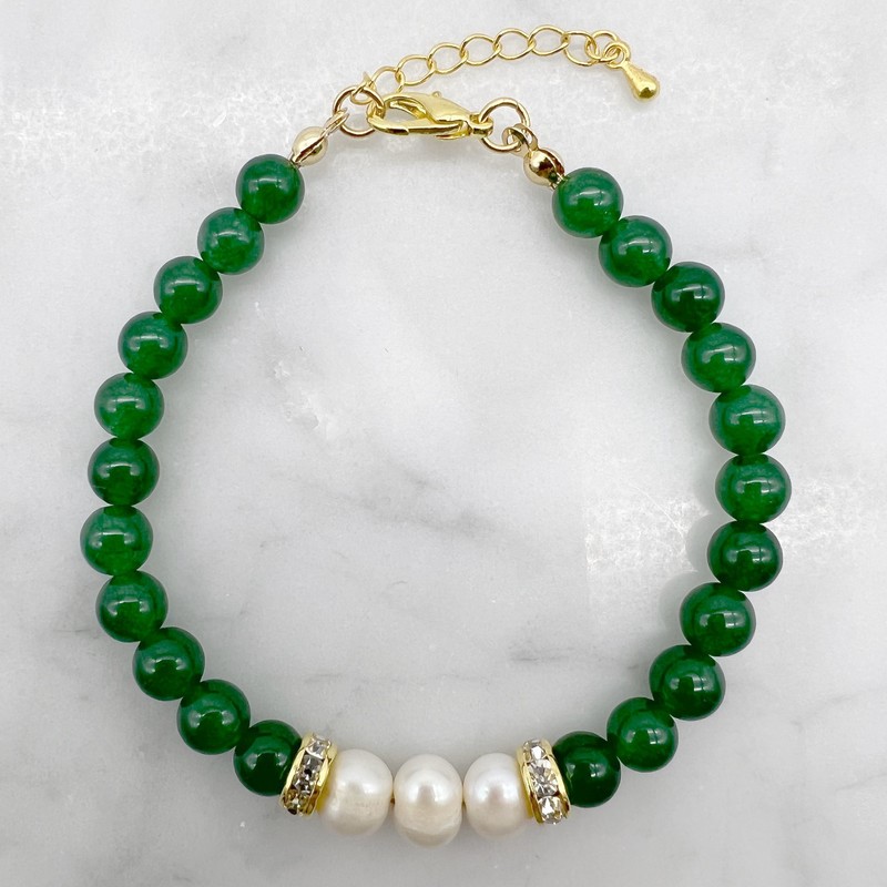 7-8mm Pearl & Green Aventurine with Real 18k Gold Plated Bracelet