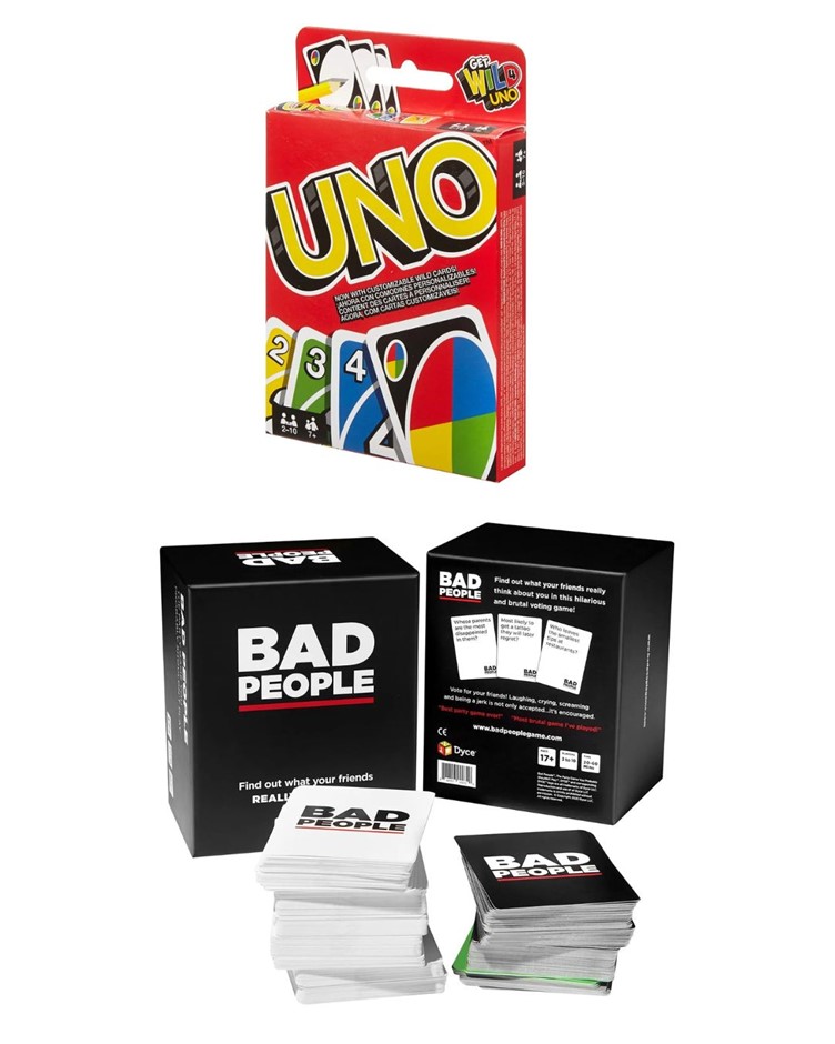 CARD GAME BUNDLE: Mattel Games UNO Card Deck. + BAD PEOPLE The Party Game Y