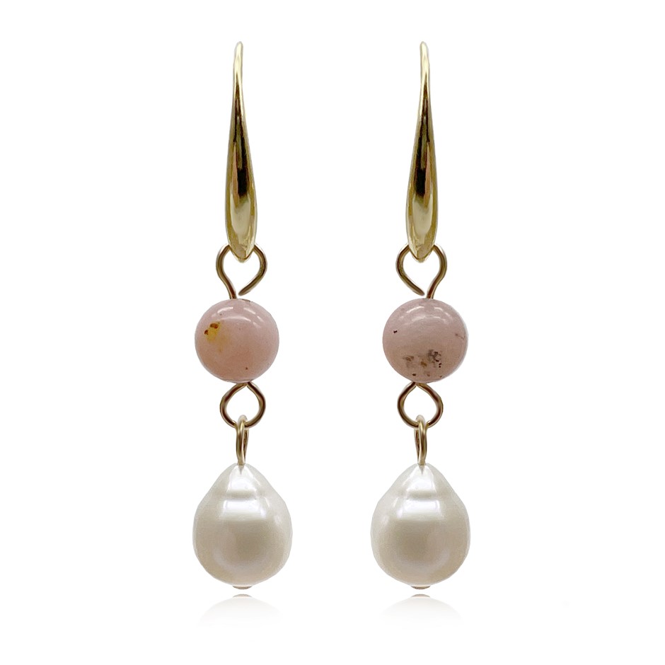 6mm Pink Opal & Baroque Pearl Dangling Earrings