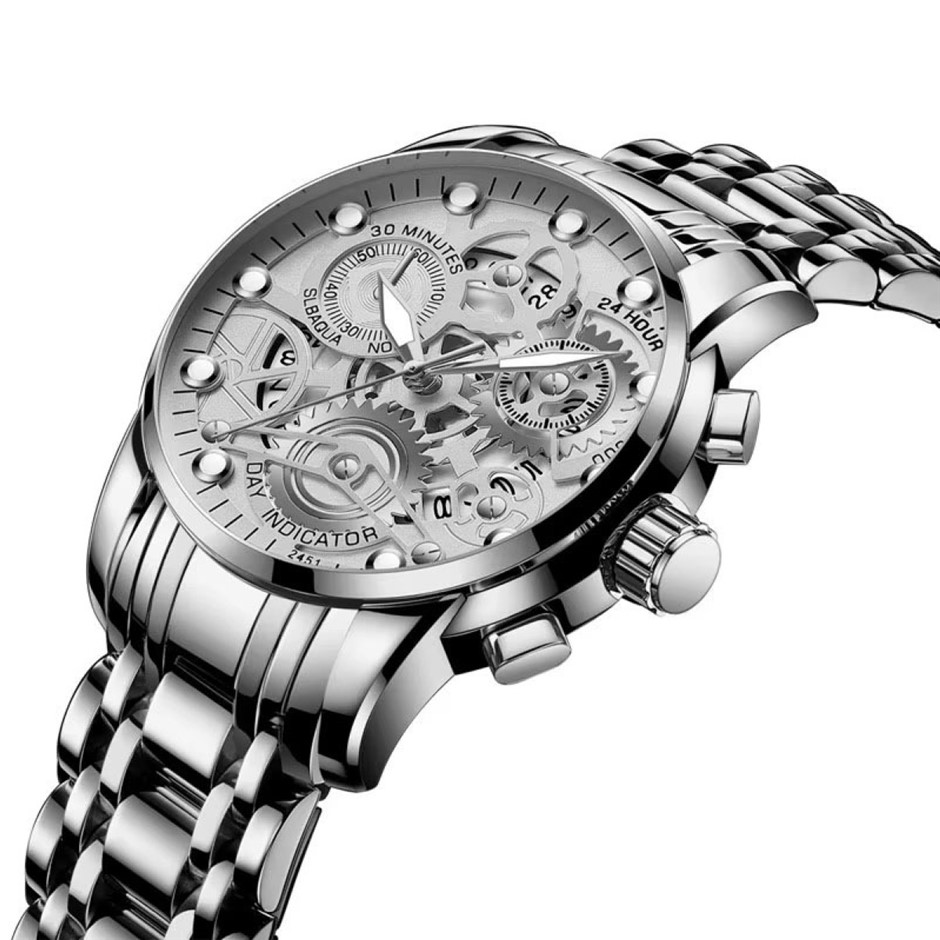 Men's Quartz Watch, Skeleton Design & Mechanical Style, Silver