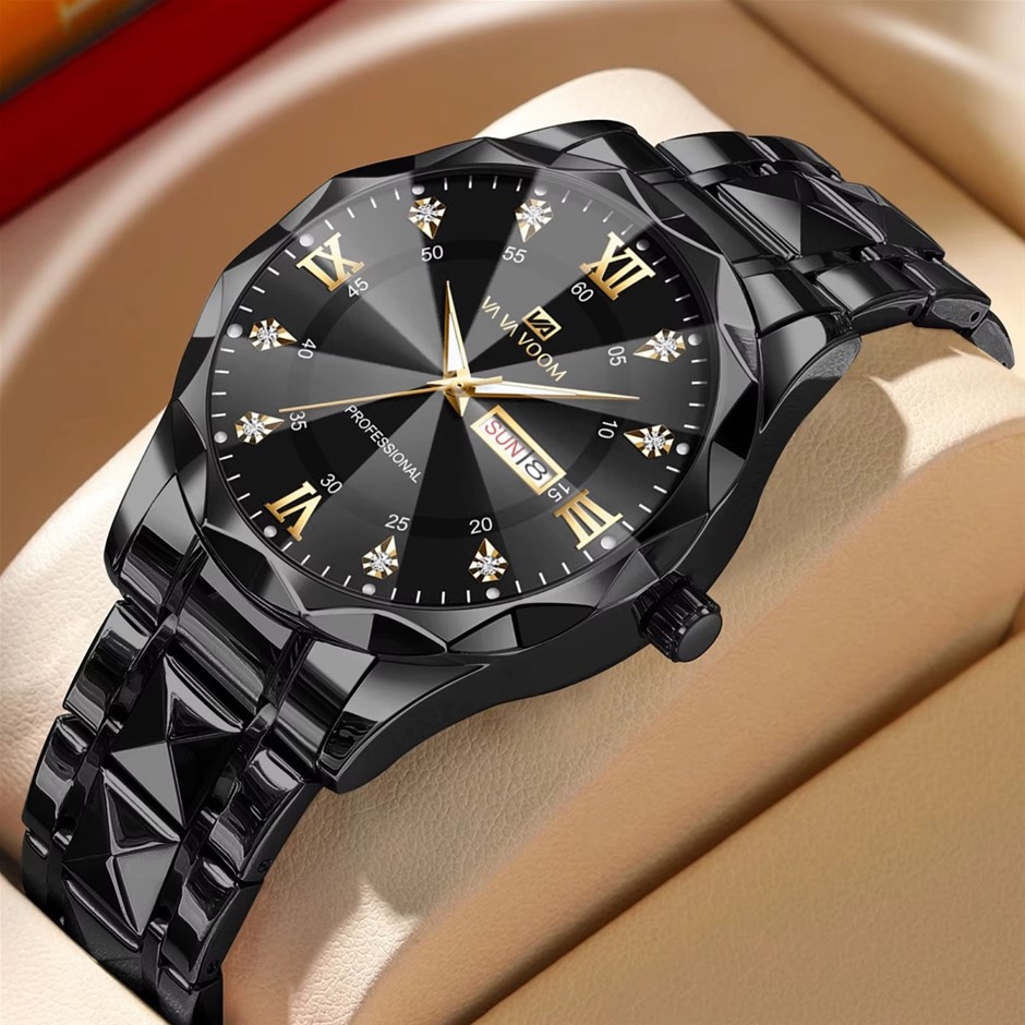 High Quality Simulated Diamond Men's Quartz Watch, Black