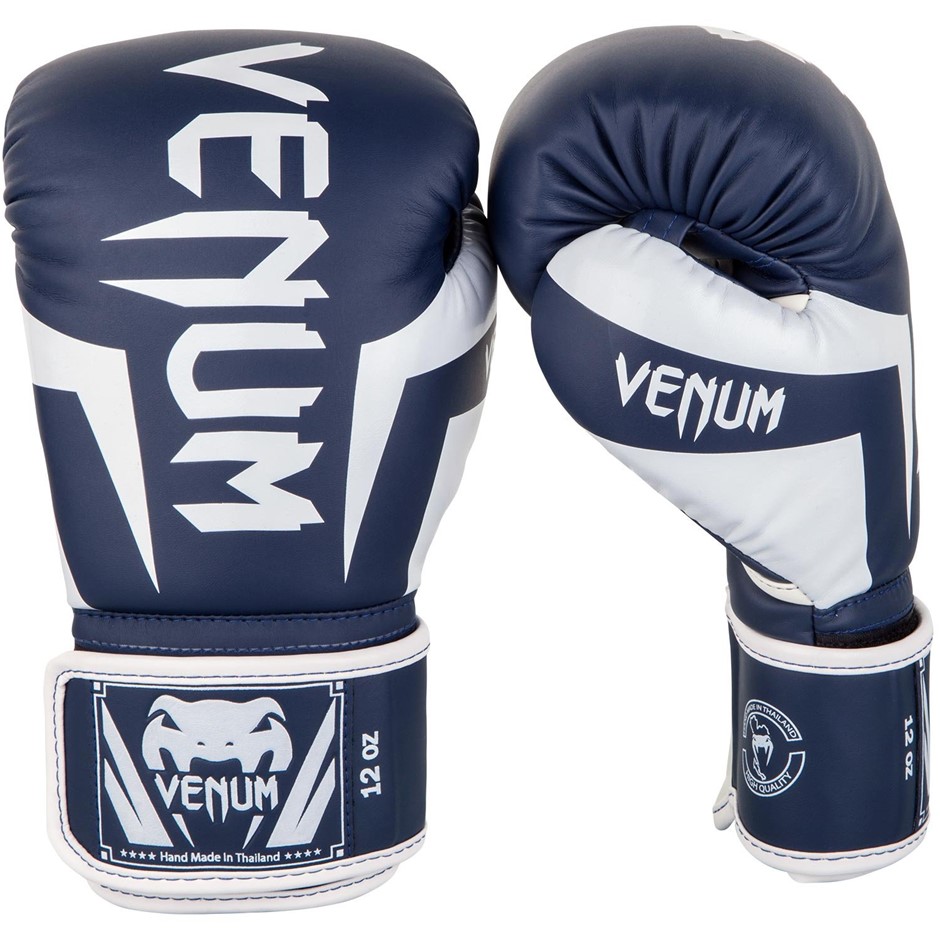 VENUM Elite Boxing Gloves, White/Navy Blue, 8oz.