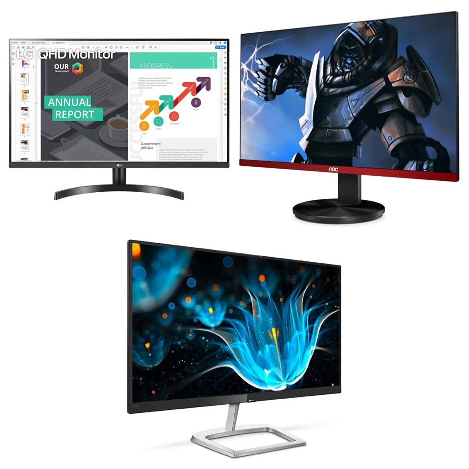 3 × Assorted Monitors. Incl: 1 × Philips 276E9QDSB 27" FHD LCD Monitor, 1 ×