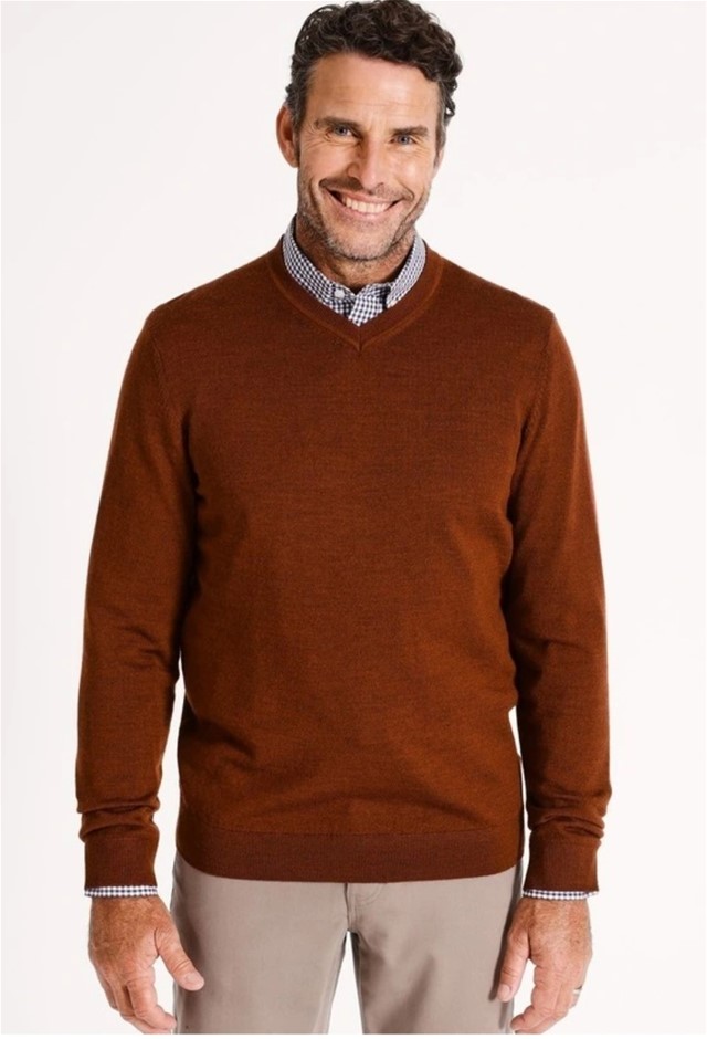 RESERVE Australian Merino V-Neck Knit, Size XL, Burnt Copper. NB: has been