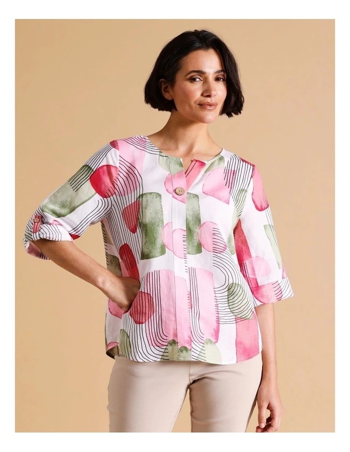 REGATTA European Linen Blend 3/4 Sleeve Top, Size 10. Watercolour Abstract