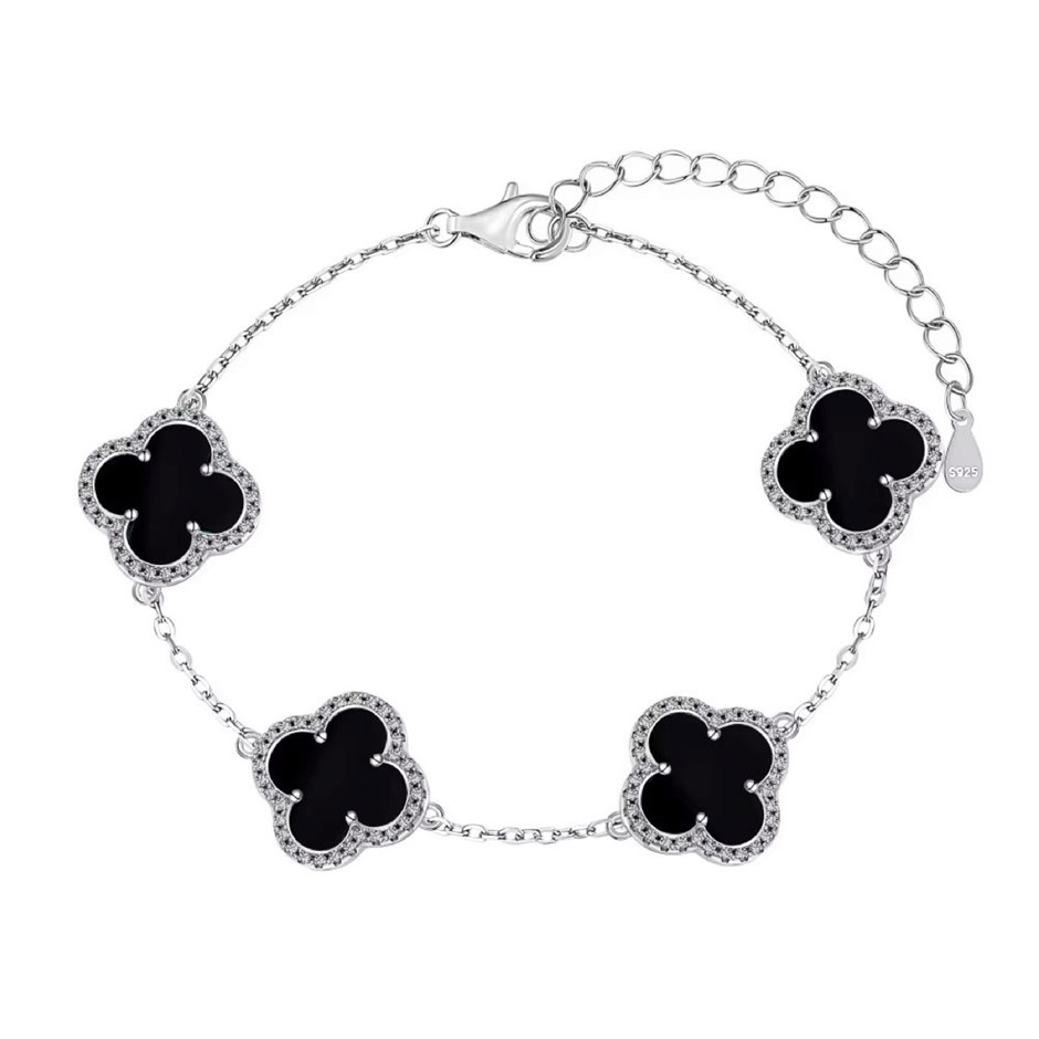 Shell Pearl Four Leaf Clover 925 Sterling Silver Tennis Bracelet