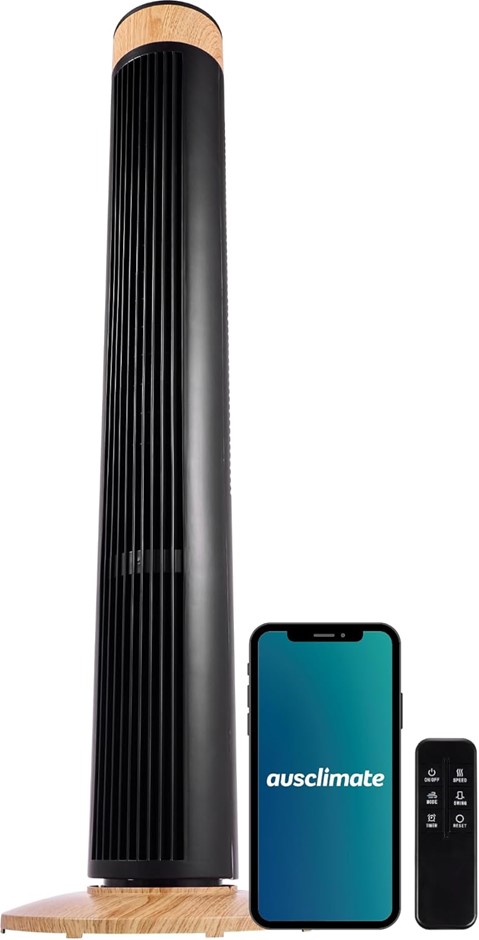 AUSCLIMATE Smart Tower Fan, 100cm Height, Black/Wood.