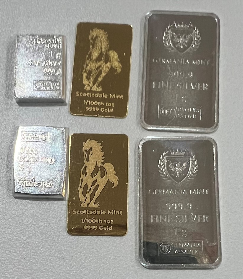1/100 Scottdale gold bar x 2, 1g Valcumbi & 1Germania Silver bar x 2 each