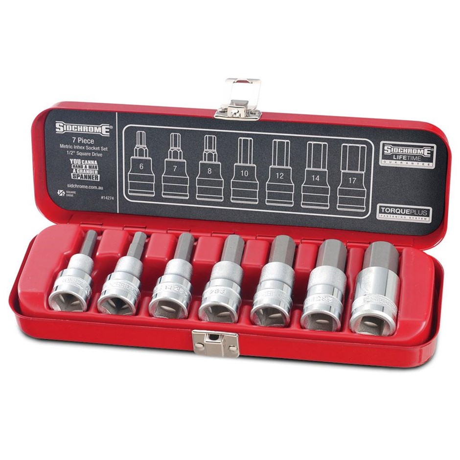 SIDCHROME 7pc 1/2” Drive Metric In-Hex Socket Set. NB: Missing size 6.