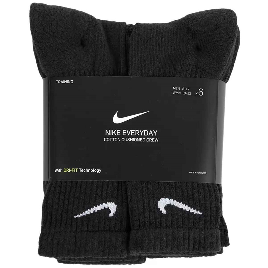 NIKE 6 Pack Men's Socks Cotton Cushioned Crew Dri-Fit, Black Size 8 -12 Men
