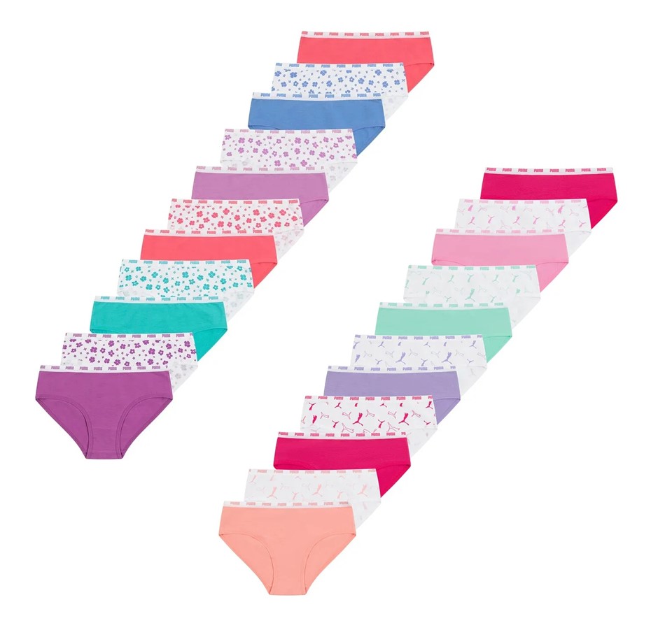 12 x PUMA Girls' Bikini Underwear, Size US XS, 95% Cotton, Assorted Colours