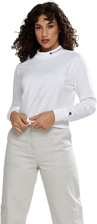 CHAMPION Women's Heritage Mock Neck LS Tee, Size XS, Cotton, White (WIT), C