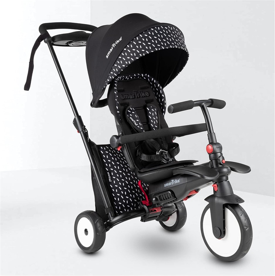 SMARTRIKE STR5 7-in-1 Folding Baby Tricycle, Black & White, Stroller Certif