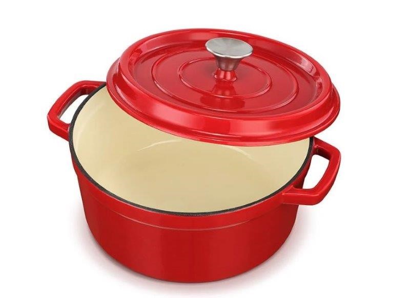 OVELA Cast Iron Casserole Dish, 26cm, 5L, Red.