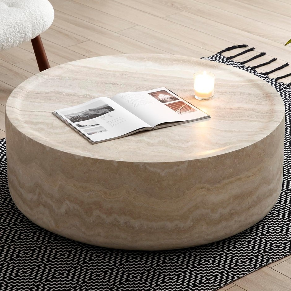 AWORESIS Round Imitation Marble Coffee Table, Carrara White Faux Marble Fin