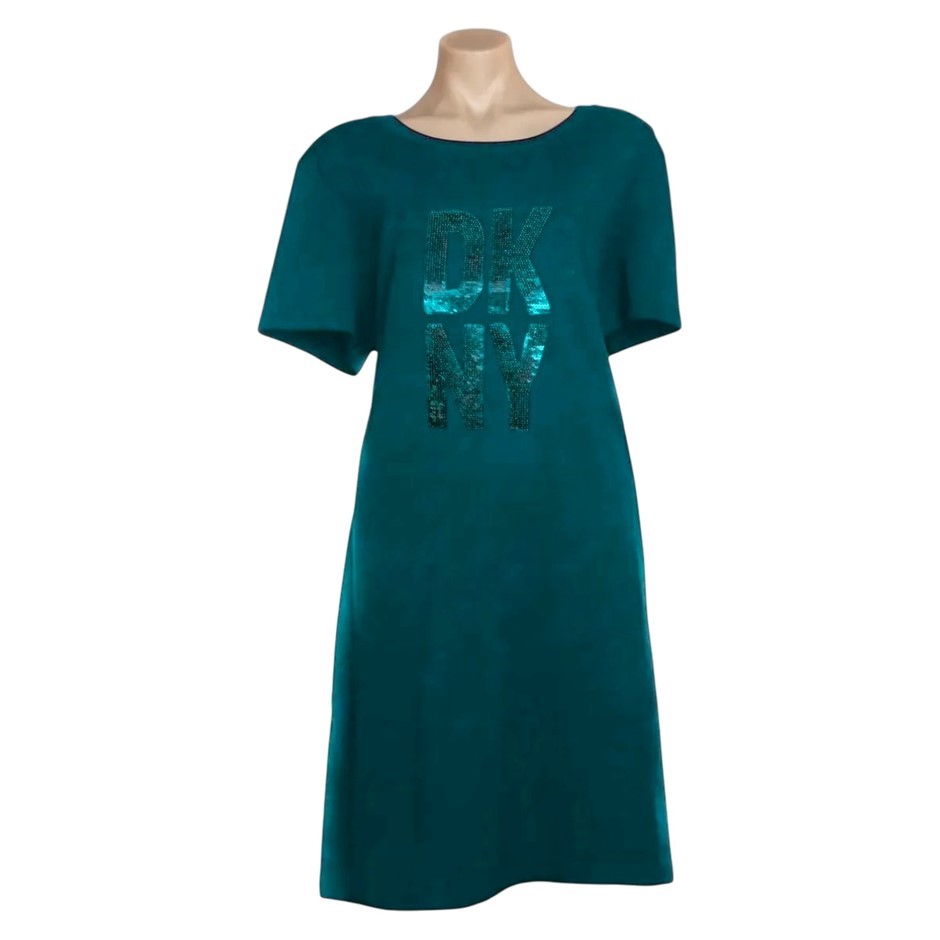 DKNY Women's Sequin Stacked Logo Tee Dress, Size M, 95% Cotton, Teal Glass