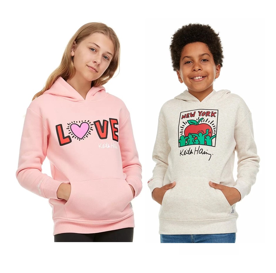 2 x KEITH HARING Unisex Youth Hoodies, Size S (7/8), Cotton, Pink & Oatmeal