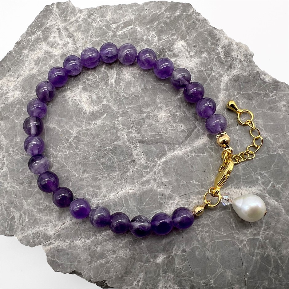 6mm Amethyst & Baroque Pearl Pendant Charm Bracelet