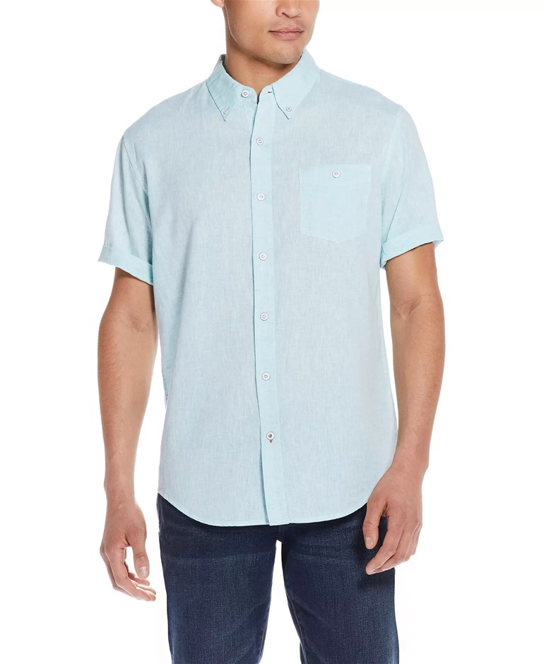 WEATHERPROOF Men's Linen S/S Shirt, Size L, 55%Linen/45%Cotton, Blue.