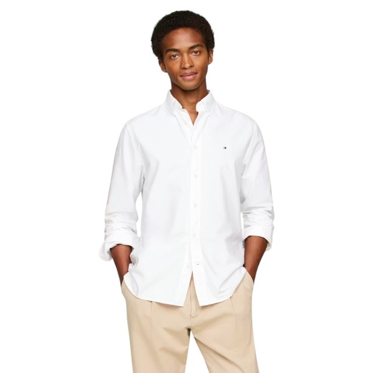 TOMMY HILFIGER Men's Stretch OG Oxford Shirt, Size L, 98% Cotton, White (YC
