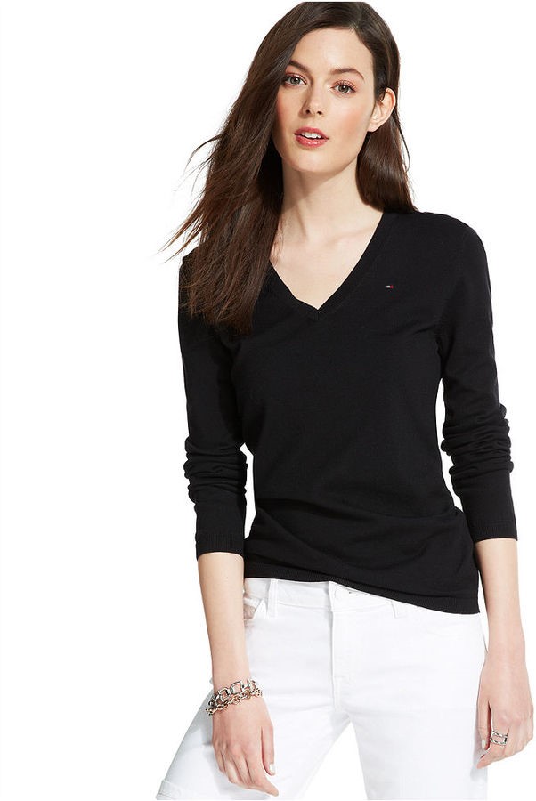 TOMMY HILFIGER Women's V-Neck Sweater, Size XS, 100% Cotton, Black. NB: min