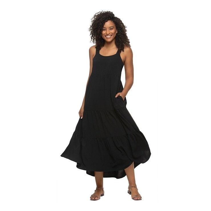 JEZEBEL Women's Tiered Dress, Size L, Black. NB: right hidden-button adjust