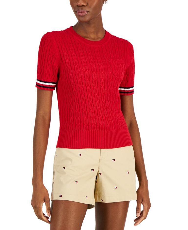 TOMMY HILFIGER Women's Short Sleeve Sweater, Size XS, 100% Cotton, Scarlet