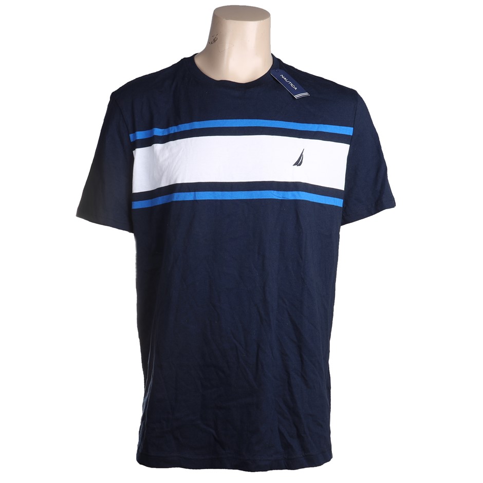 NAUTICA Men's Crew Neck Tee, Size M, Cotton, Navy/ White. Buyers Note - Di