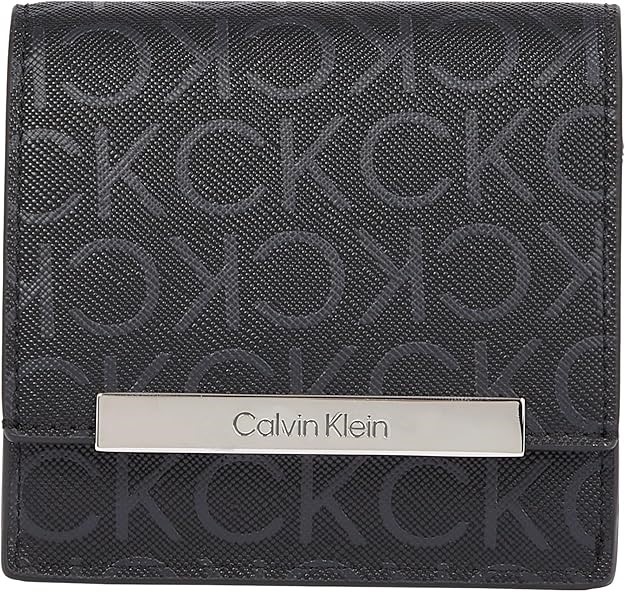 CALVIN KLEIN Women's Linear Trifold Monogram PU Leather, Black, One Size
