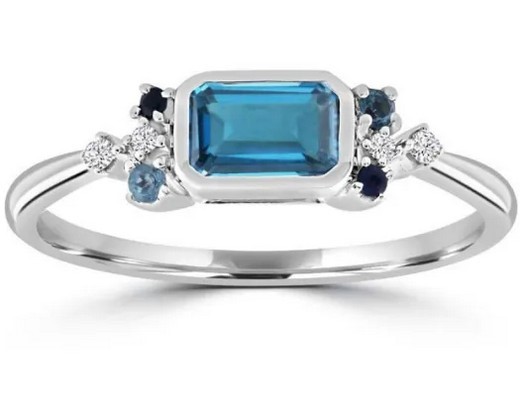 9K WHITE GOLD 0.05CT HI I1 DIAMOND BRACELETUE TOPAZ RING