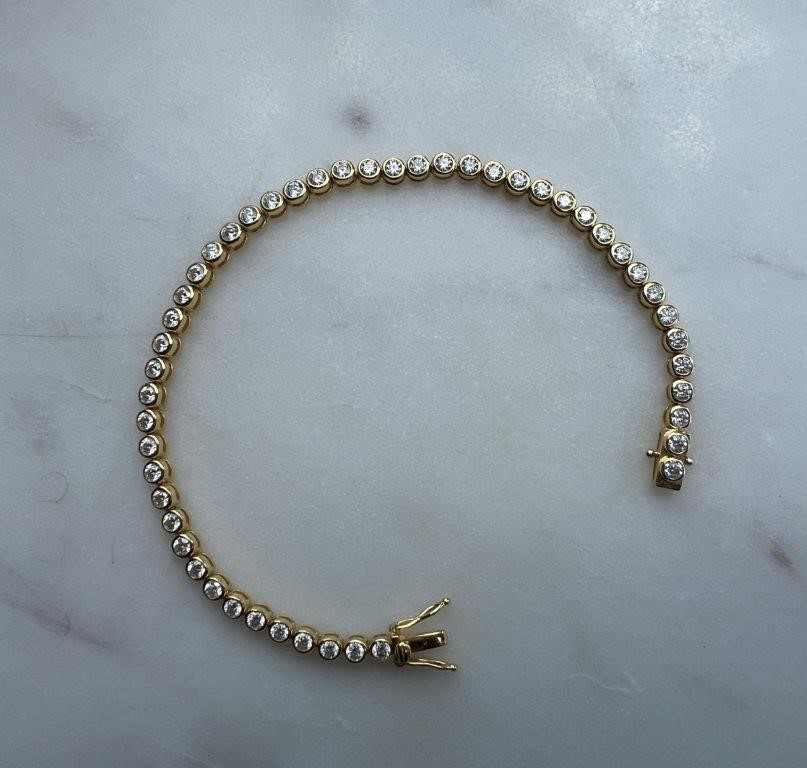 Moissanite 2.5mm Bezel Tennis Bracelet 18k Yellow Gold on Sterling Silver