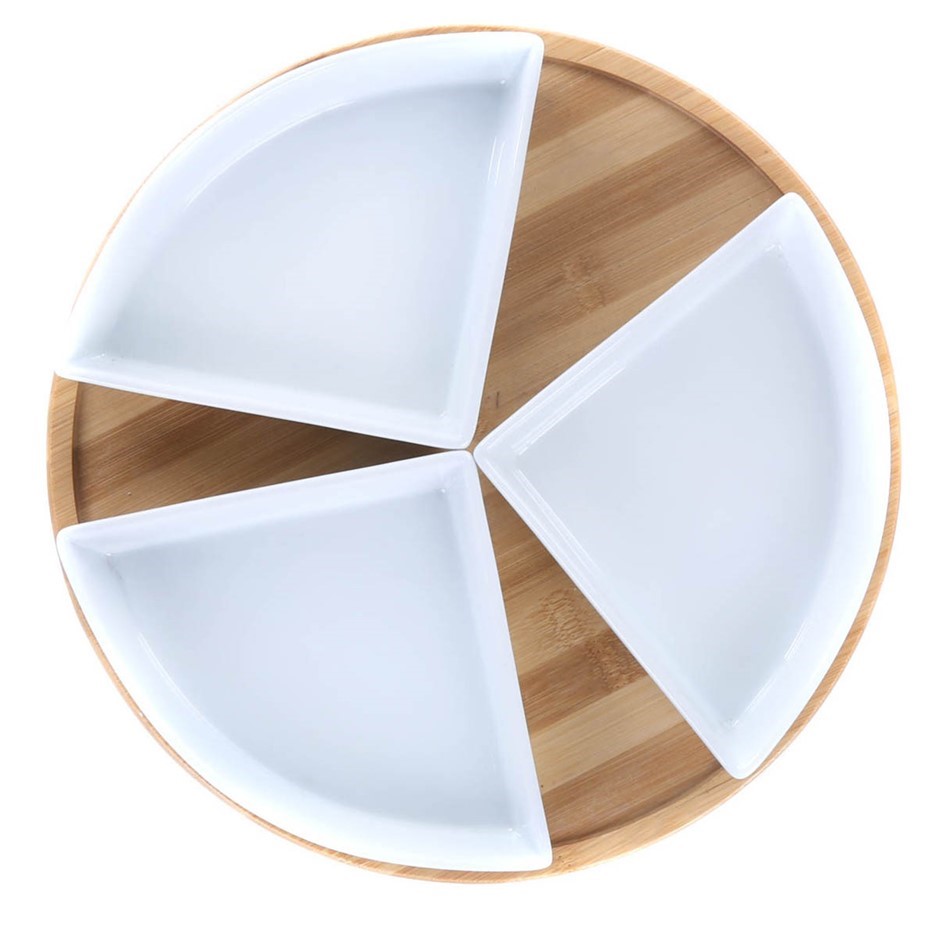 OVERANDBACK Bamboo Lazy Susan w/ 4 Porcelain Dishes N.B. Minor use, not in