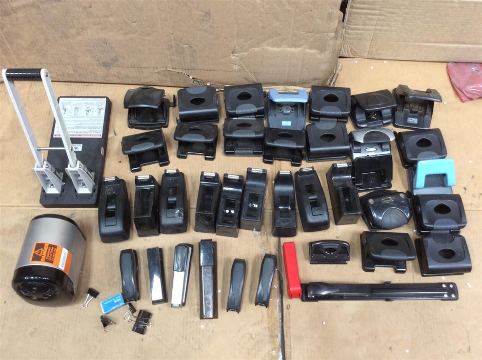 Mixed Office Stationery Including Hole Punches + Staplers + Tape Dispensers