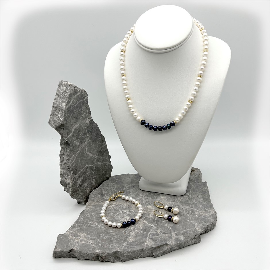 Luxury 7-8mm White & Black Pearl Real 18k Gold Plated Jewellery Set