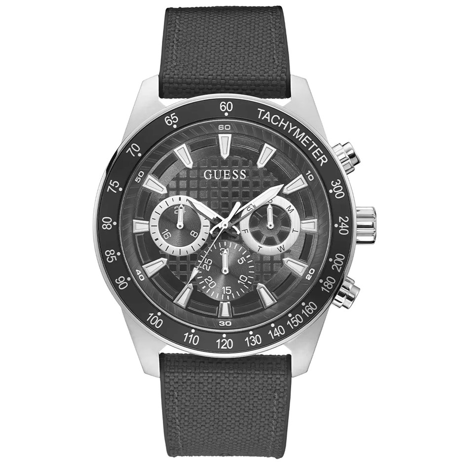 GUESS Men's Magnitude Watch, Black Dial & Bezel, Black Nylon & Silicone Ban
