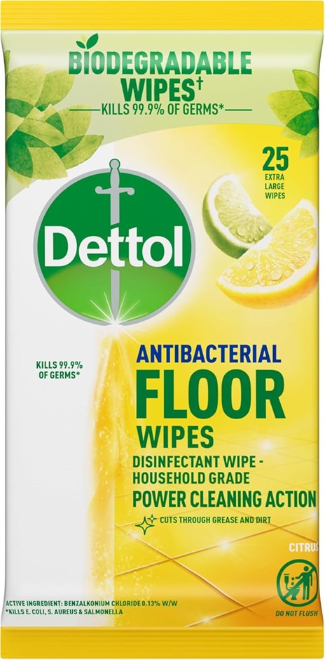 4 x DETTOL Antibacterial Floor Cleaning Wipes Lemon & Lime, 25pk.
