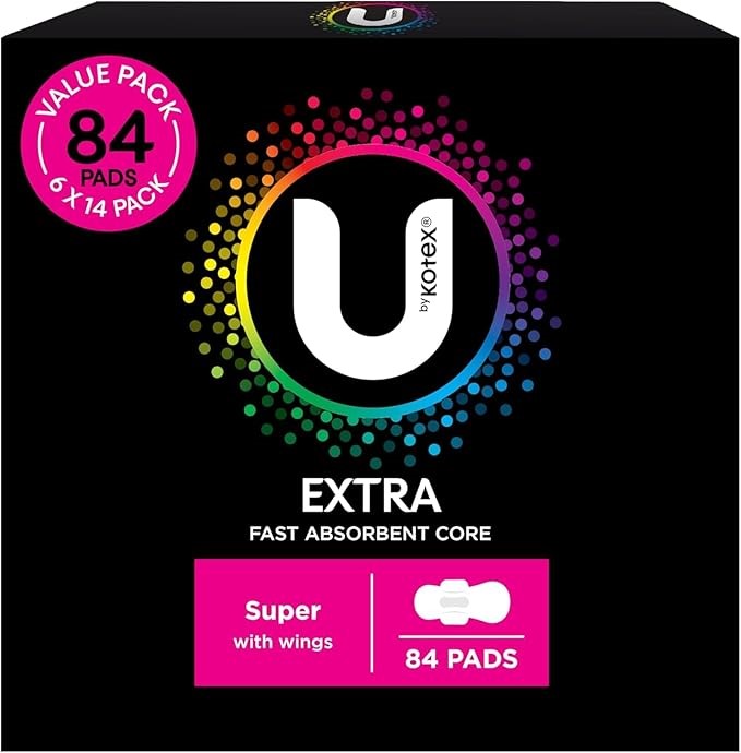 U BY KOTEXExtra Pads Super with Wings 84 Count (6 x 14 Pack). NB: Packaging