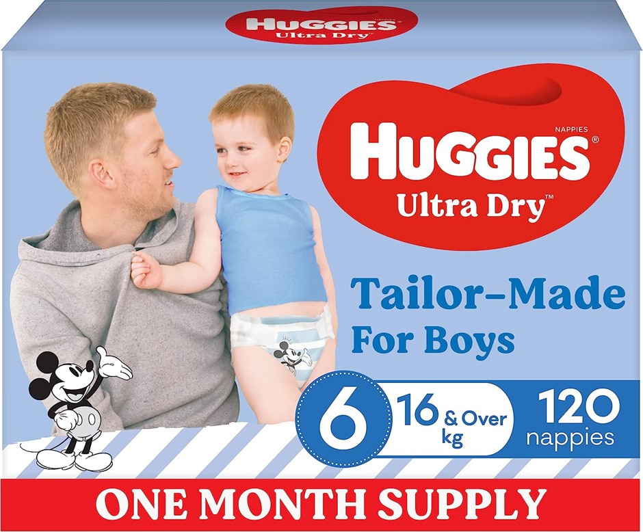 HUGGIES 120pk Ultra Dry Nappies For Boys, Size 6, 16kg & Over. N.B: Not in
