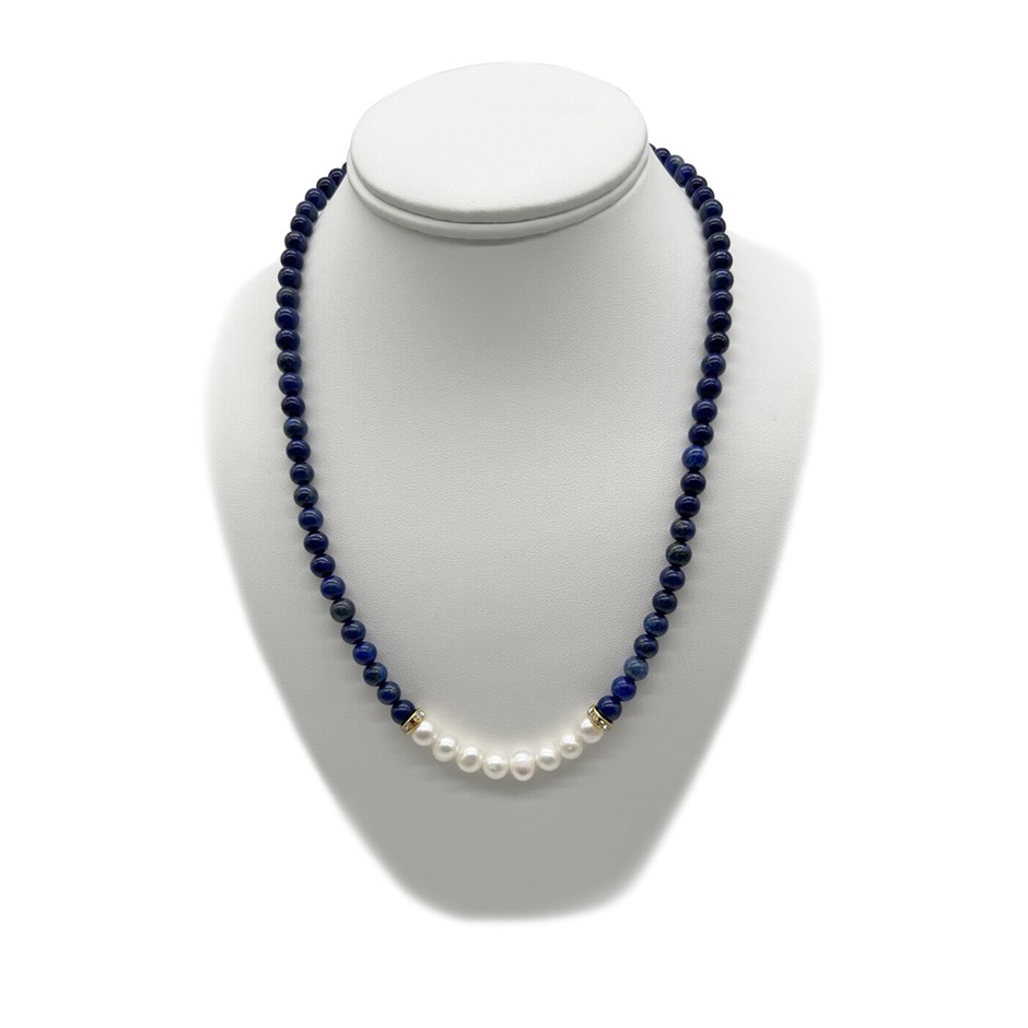 7-8mm Pearl & Lapis Lazuli with Real 18k Gold Plated Necklace
