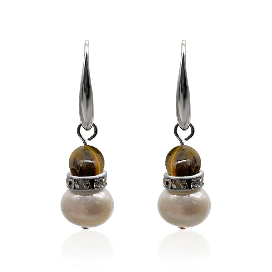 Tiger Eye & Freshwater Pearl Platinum Plated Drop Earrings