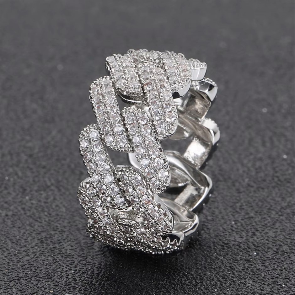 18K White Gold-Filled Cuban Iced Out Ring with Simulated Diamonds - Size 9