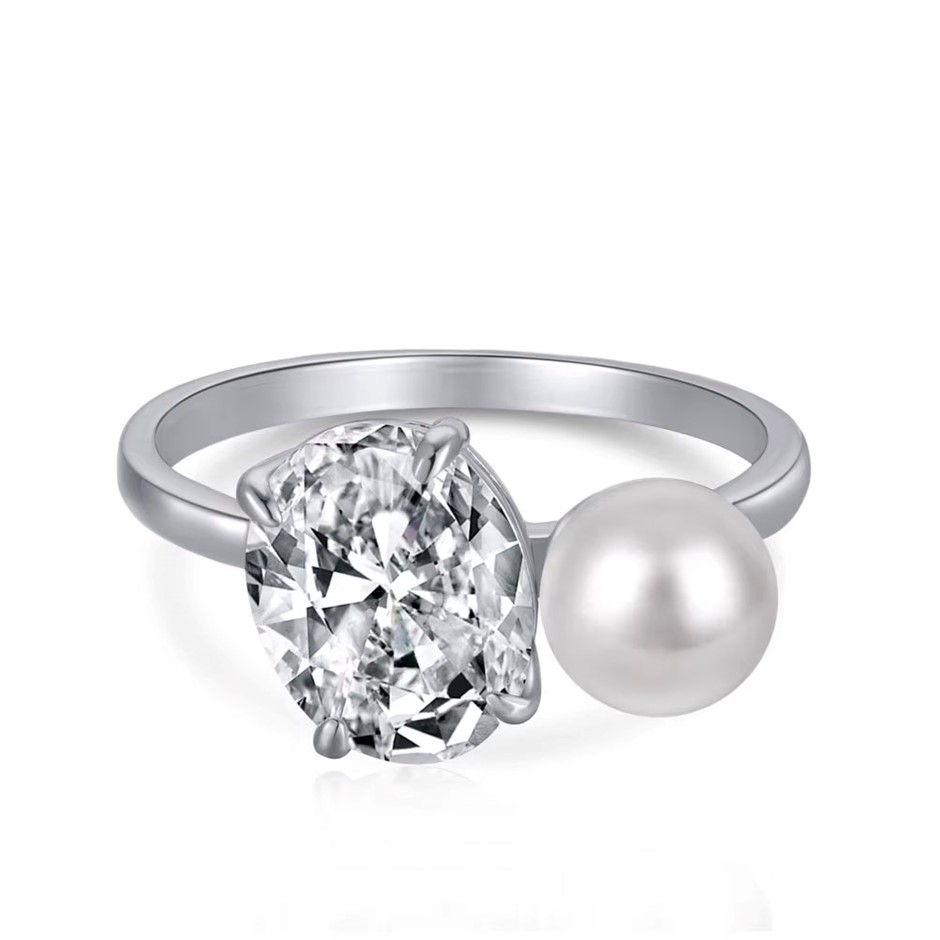 4ct Oval Cut Simulated Diamond & Shell Pearl 925 Silver Ring - Size 8