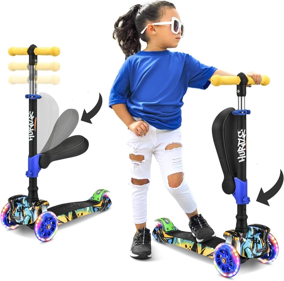 HURTLE Kids 3-Wheel Scooter with Foldable Seat, Adjustable Height, Anti-Sli