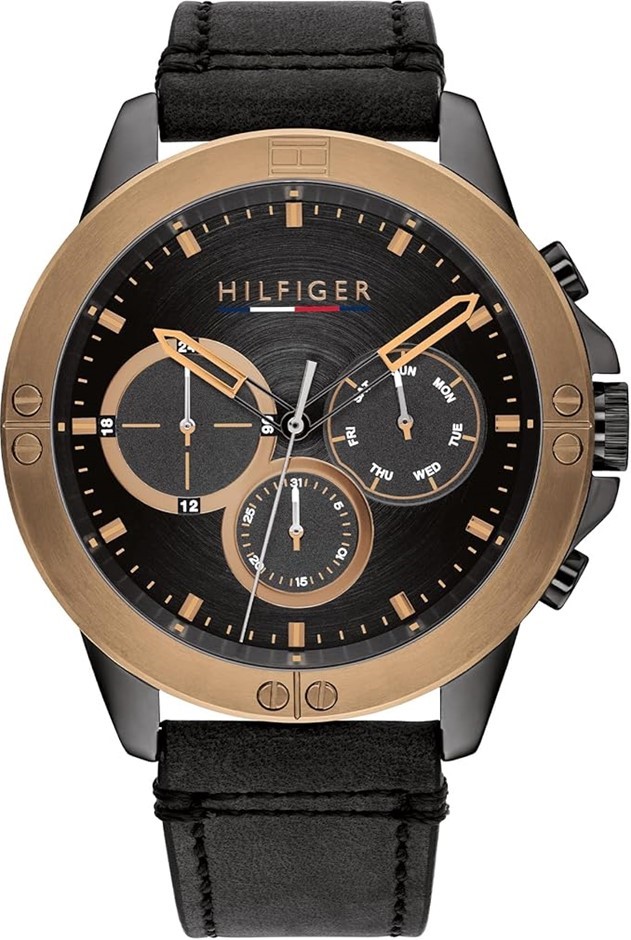 TOMMY HILFIGER Men's Harley Leather Multi-Function Watch, Black, 46mm, 1791