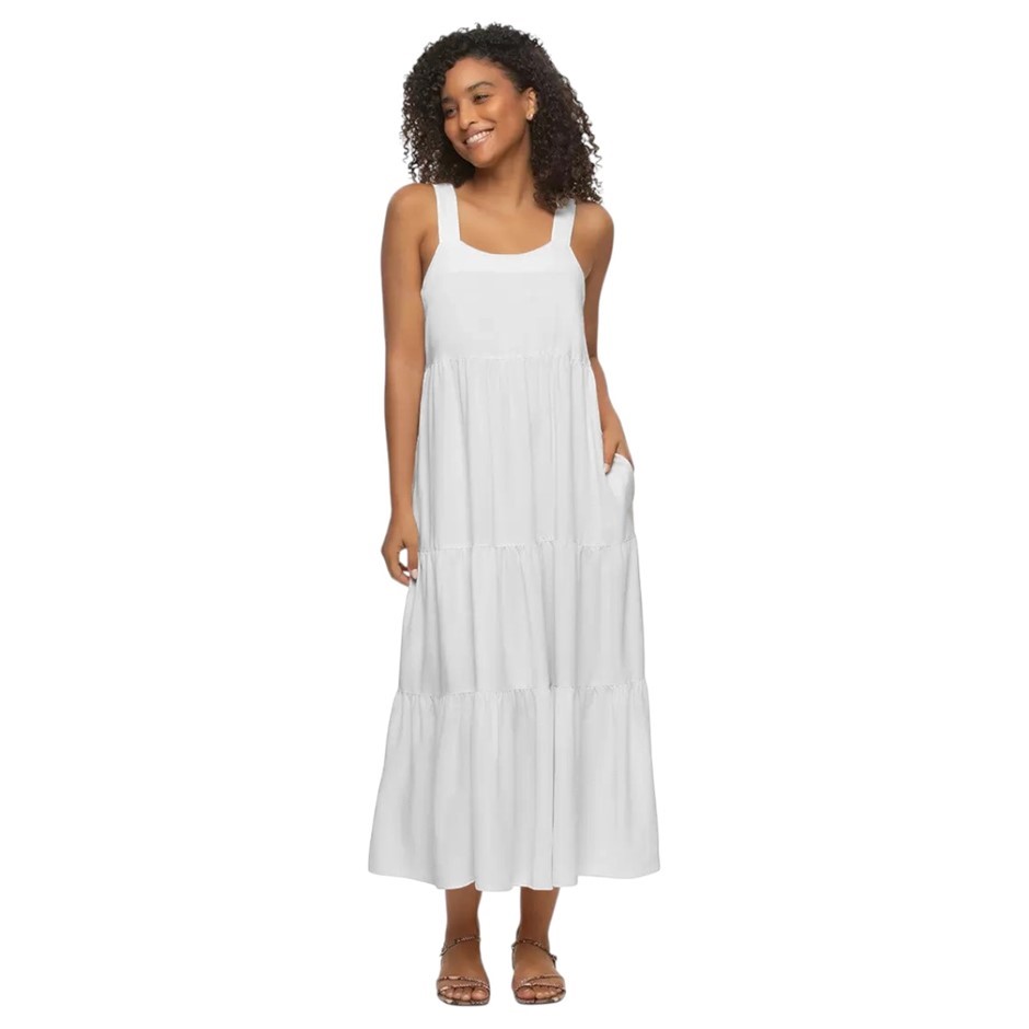JEZEBEL Women's Tiered Dress, Size M, White. NB: faint minor soil/marks.