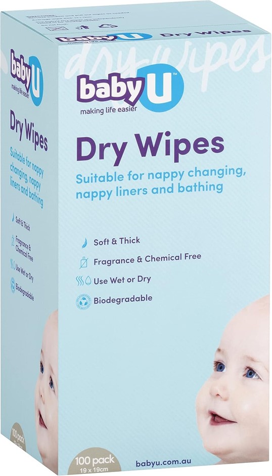 BABYU Dry Wipes, White, 100 Count. NB: Minor box damage.