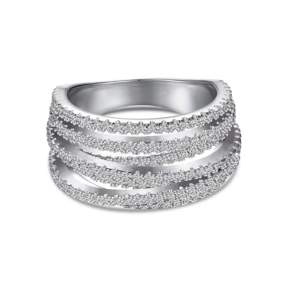 Simulated Diamond Multi Row 925 Sterling Silver Band Ring - Size 9