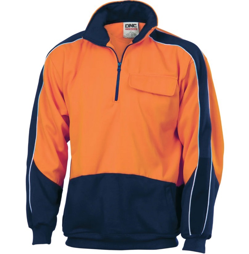 DNC Mens 3823 Hi-Vis 1/2 Zip Panel Fleecy Windcheater, Size 3XL, Orange/Nav