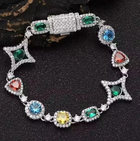 18K White Gold Filled Multi Stone Bracelet Stamped(18K)-20Cm-Quality